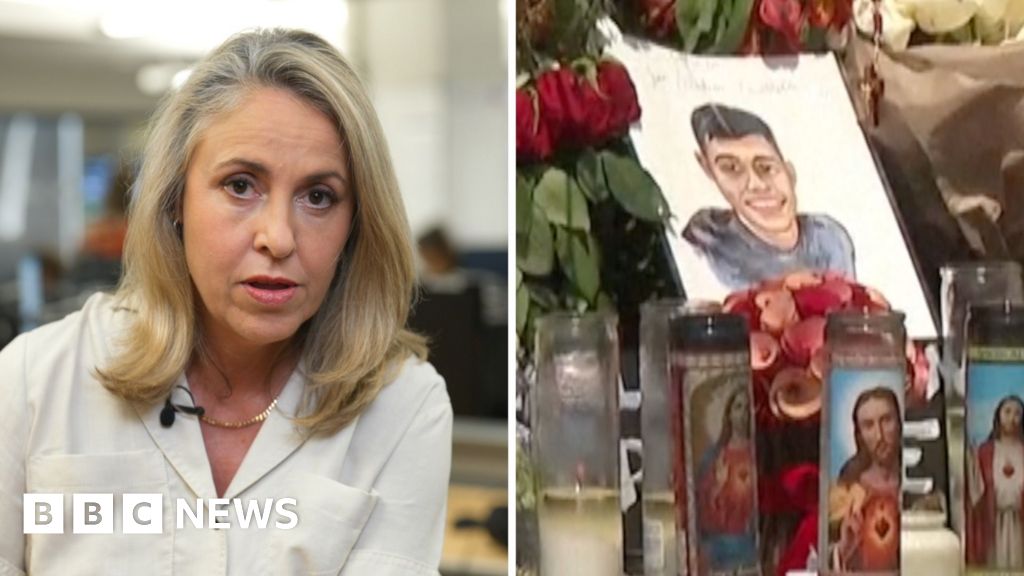 On the left, a TV presenter wearing a white shirt; on the right, a memorial.