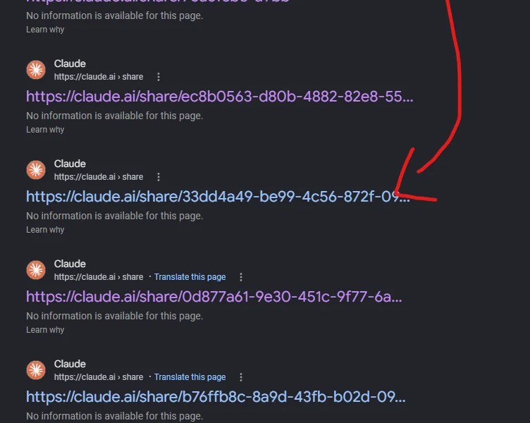 Google listing Claude share links with no description, the signature of a page blocked from crawling but still indexed