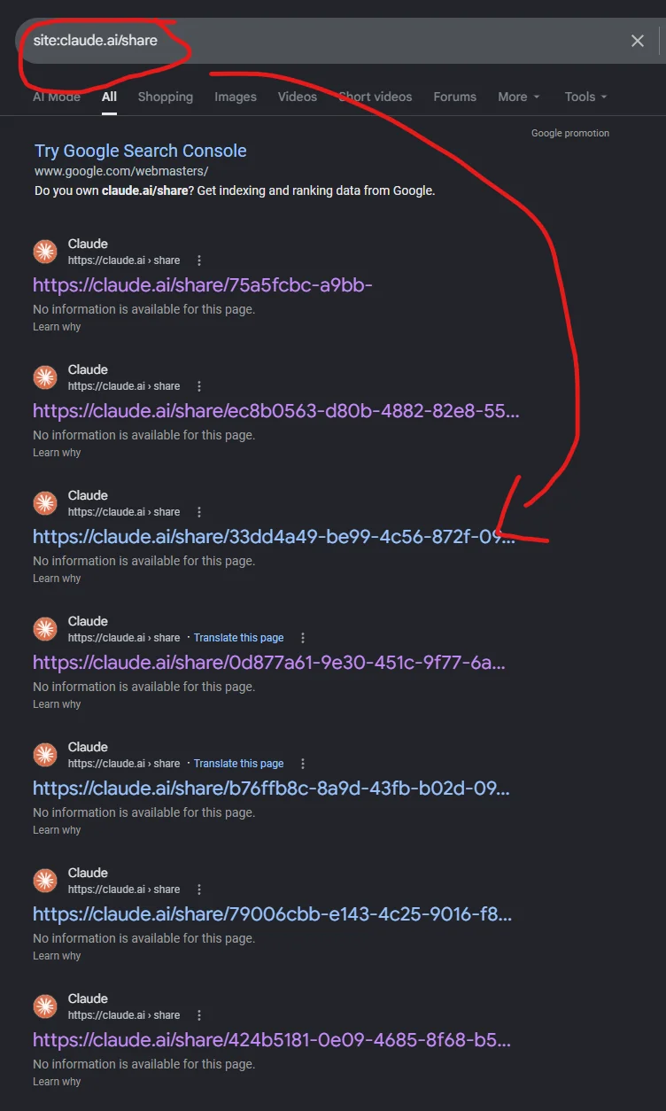 Google listing Claude share links with no description, the signature of a page blocked from crawling but still indexed