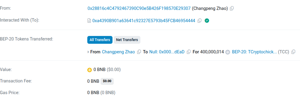 CZ Burns $1.6 Million in Spam Meme Coin Tokens. Source: BscScan
