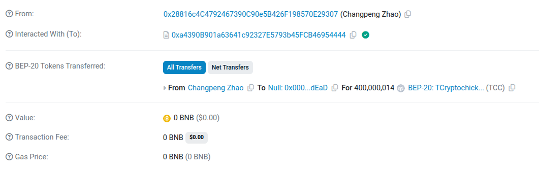CZ Burns $1.6 Million in Spam Meme Coin Tokens. Source: BscScan