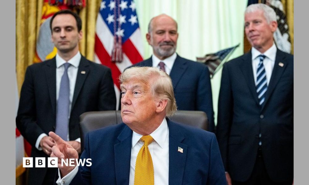 Michael Kratsios, director of the White House Office of Science and Technology Policy, from left, US President Donald Trump, Howard Lutnick, US commerce secretary, and Chris Wright, US energy secretary, during an executive order signing in the Oval Office of the White House in Washington, DC, US, on Monday, June 22, 2026.