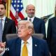 Michael Kratsios, director of the White House Office of Science and Technology Policy, from left, US President Donald Trump, Howard Lutnick, US commerce secretary, and Chris Wright, US energy secretary, during an executive order signing in the Oval Office of the White House in Washington, DC, US, on Monday, June 22, 2026.