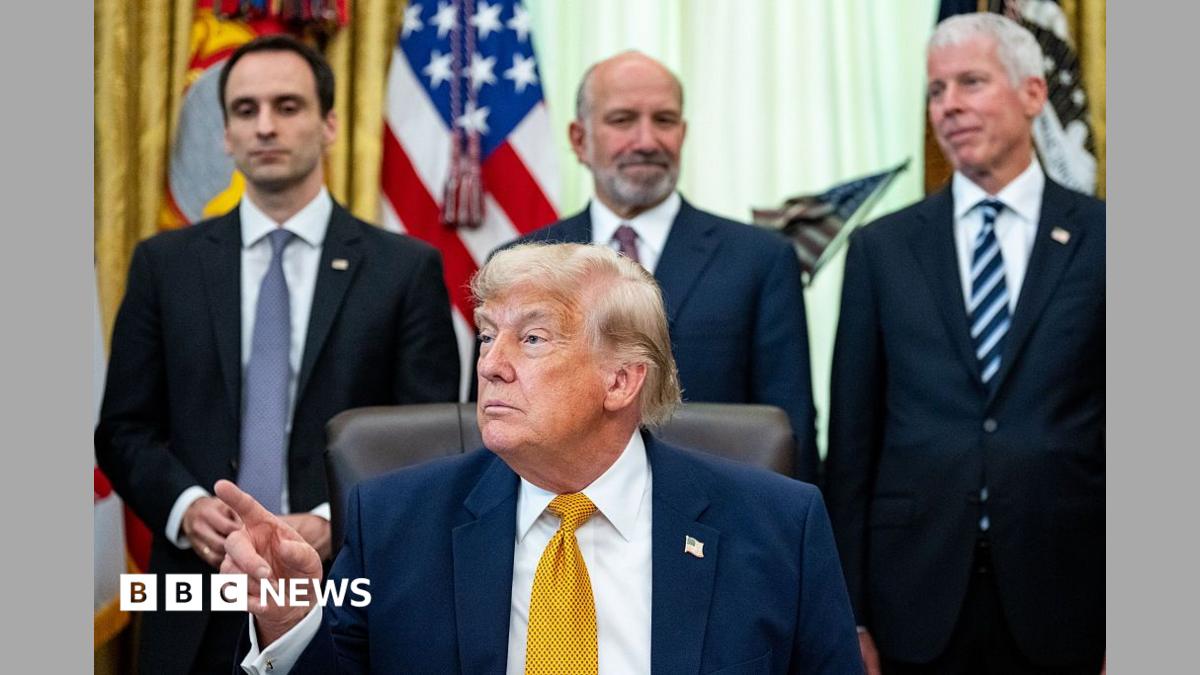 Michael Kratsios, director of the White House Office of Science and Technology Policy, from left, US President Donald Trump, Howard Lutnick, US commerce secretary, and Chris Wright, US energy secretary, during an executive order signing in the Oval Office of the White House in Washington, DC, US, on Monday, June 22, 2026.