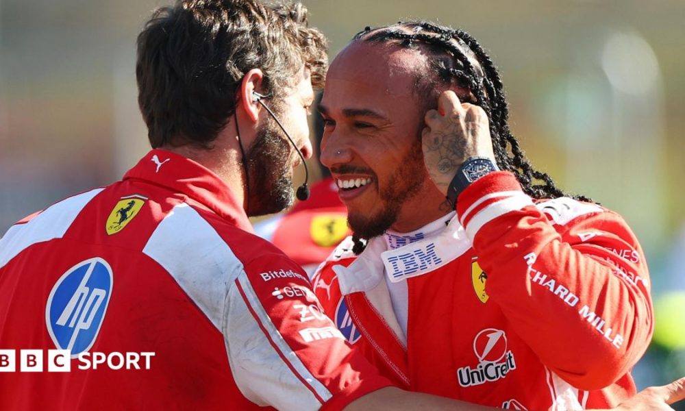 Mercedes' Kimi Antonelli congratulates Ferrari's Lewis Hamilton on taking pole position for the British Grand Prix sprint race