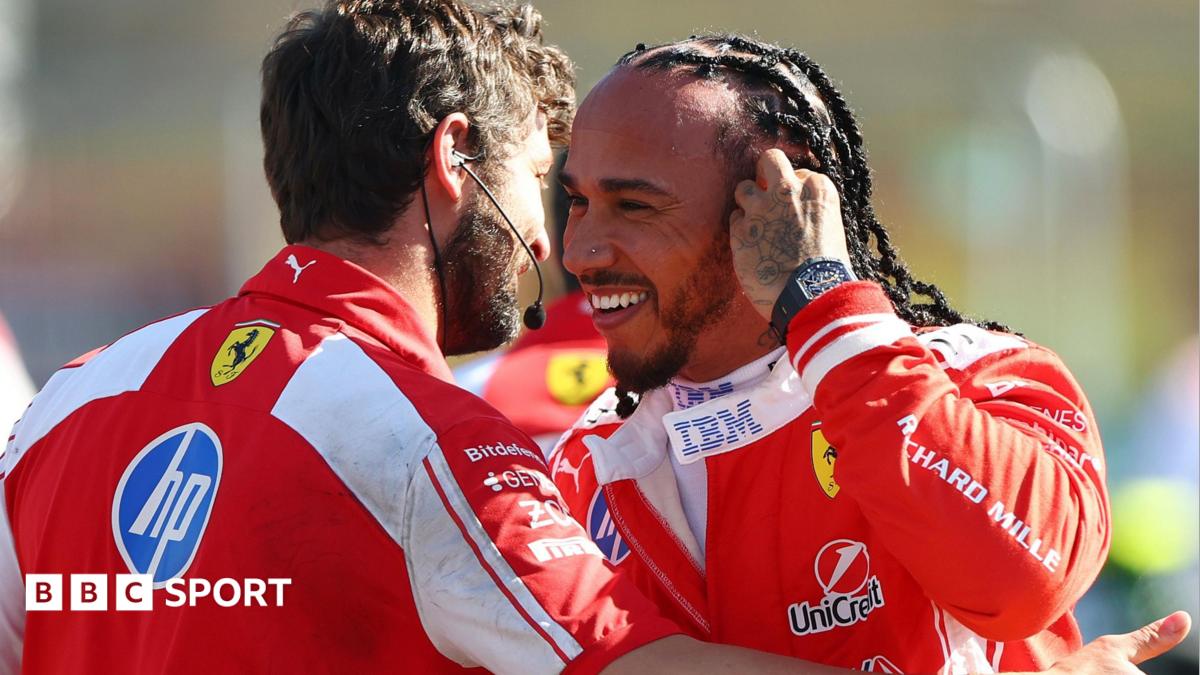 Mercedes' Kimi Antonelli congratulates Ferrari's Lewis Hamilton on taking pole position for the British Grand Prix sprint race