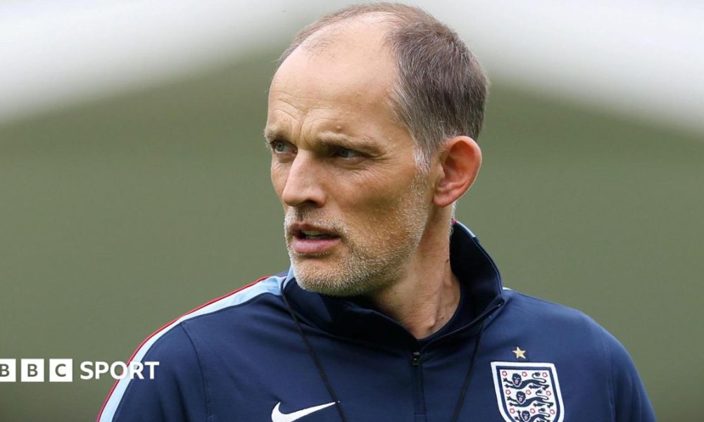 Thomas Tuchel, Manager of England, looks on during an England Training Session