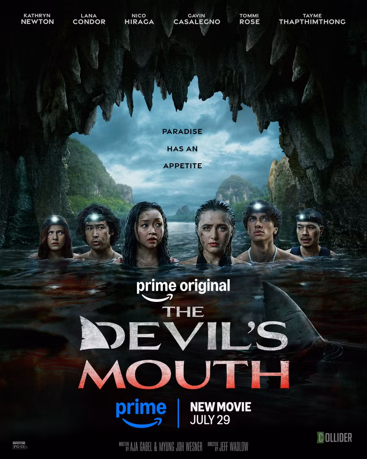 The cast of The Devil's Mouth looking concerned in the bloodied waters of a shark-infested cave on a poster