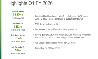Landis+Gyr Q1 FY26 slides: record 37.4% margin offsets revenue dip