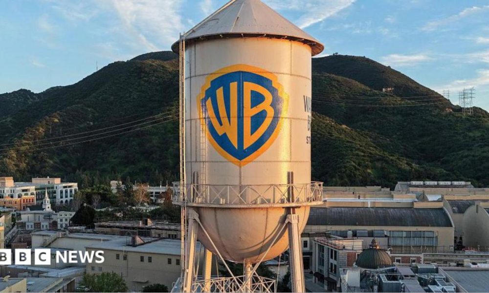 In an aerial view, the Warner Bros. logo is displayed on the water tower at Warner Bros. Studio in Burbank, California.
