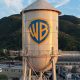 In an aerial view, the Warner Bros. logo is displayed on the water tower at Warner Bros. Studio in Burbank, California.
