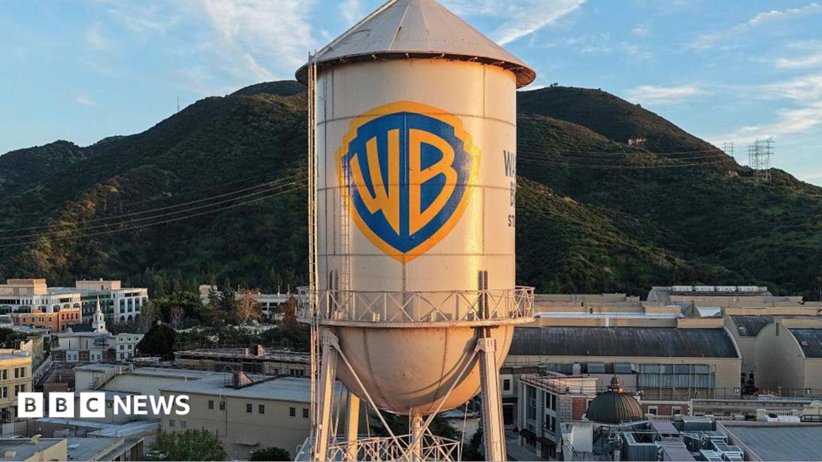 In an aerial view, the Warner Bros. logo is displayed on the water tower at Warner Bros. Studio in Burbank, California.