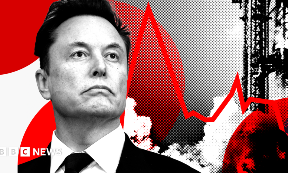 Stylised image showing Elon Musk looking up with a rocket behind him to the right and a red line like that of a share price chart, against a red, black and white background