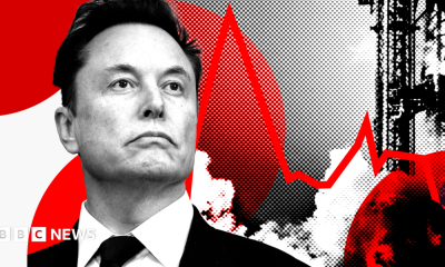 Stylised image showing Elon Musk looking up with a rocket behind him to the right and a red line like that of a share price chart, against a red, black and white background