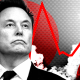 Stylised image showing Elon Musk looking up with a rocket behind him to the right and a red line like that of a share price chart, against a red, black and white background