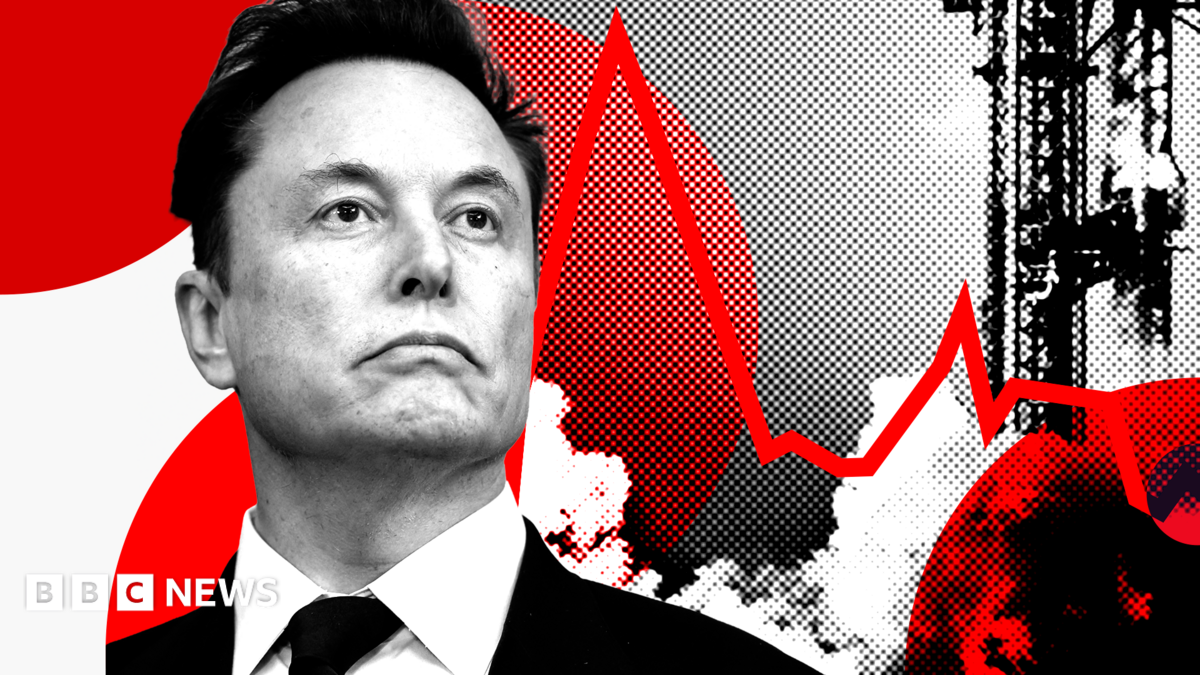 Stylised image showing Elon Musk looking up with a rocket behind him to the right and a red line like that of a share price chart, against a red, black and white background