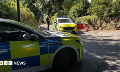 Police cars stand in the village of Haytor