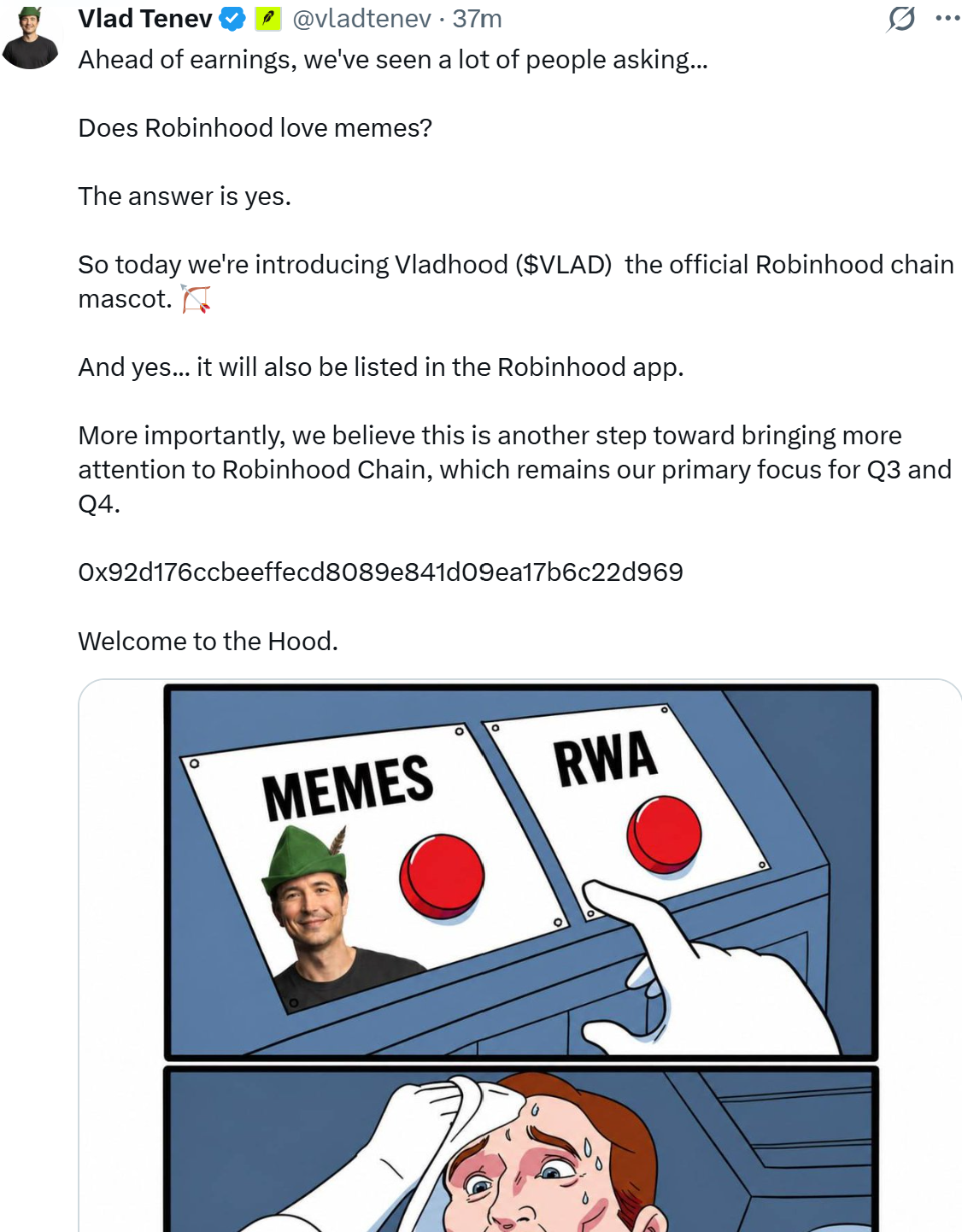 Robinhood CEO&rsquo;s X Hacked to Push 'Scam' Memecoin on Robinhood Chain. Source: Vlad Tenev's Account