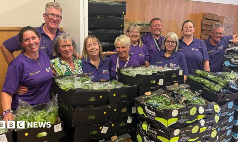 A large group of people, in standing behind a large selection of boxes of salad. They are all wearing purple T-shirts. They are in a room with items all behind them and are all smiling and looking at the camera.