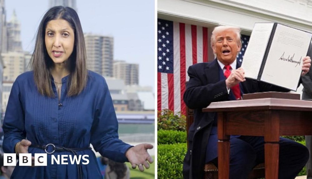 Samira Hussain with long brown hair on the left and President Trump holding the signed Liberation Day tariff document.