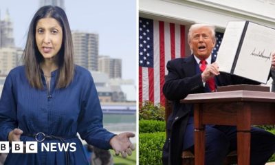 Samira Hussain with long brown hair on the left and President Trump holding the signed Liberation Day tariff document.