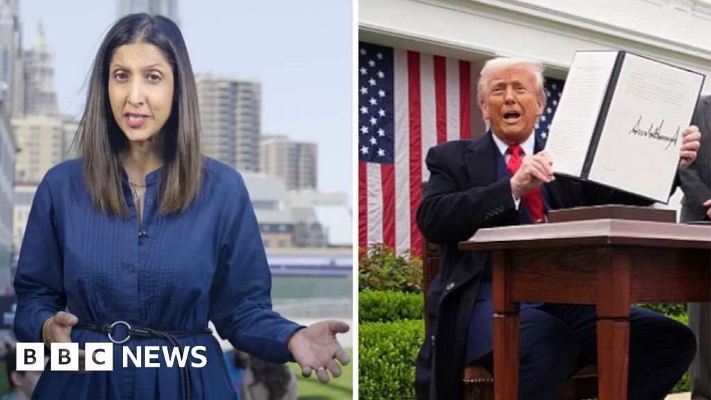 Samira Hussain with long brown hair on the left and President Trump holding the signed Liberation Day tariff document.
