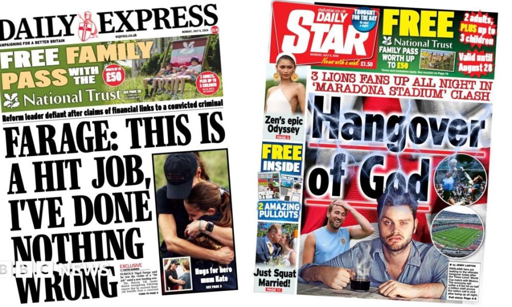 The headline on the front page of the Daily Express reads: 'Farage: This is a hit job, I've done nothing wrong.'