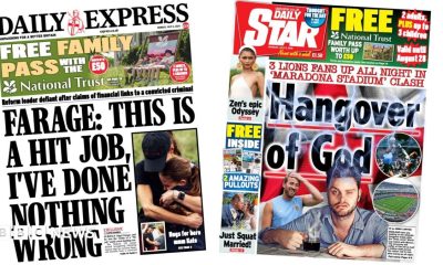 The headline on the front page of the Daily Express reads: 'Farage: This is a hit job, I've done nothing wrong.'