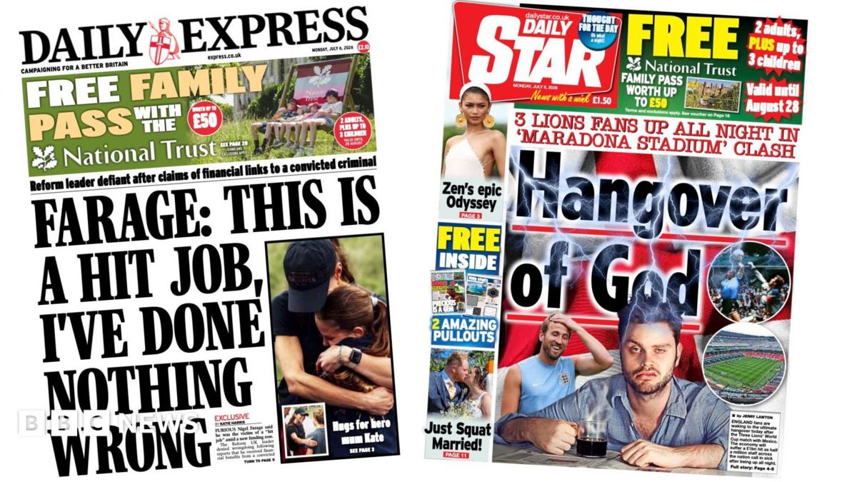 The headline on the front page of the Daily Express reads: 'Farage: This is a hit job, I've done nothing wrong.'