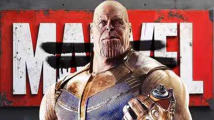 Blended image showing Thanos with a can of spray in front of the Marvel logo