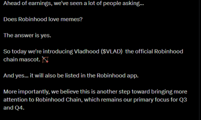 Hacked Vlad Tenev X post promoting Vladhood as Robinhood Chain’s official memecoin.