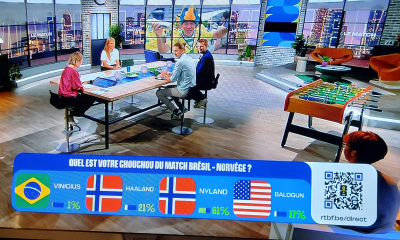 Image from Belgian broadcaster RTBF's coverage of the Norway-Brazil game in which U.S. striker Folarin Balogun was voted player of the match — despite not playing.