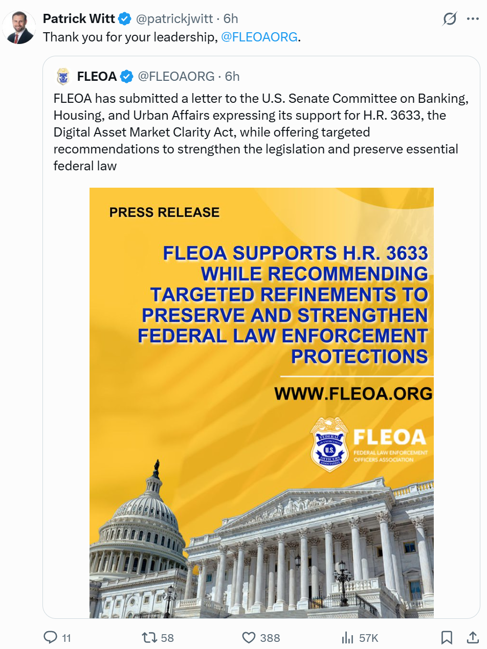 US Federal Officers’ Group Backs CLARITY Act