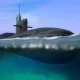Naval submarine floating and half submerged in shallow water