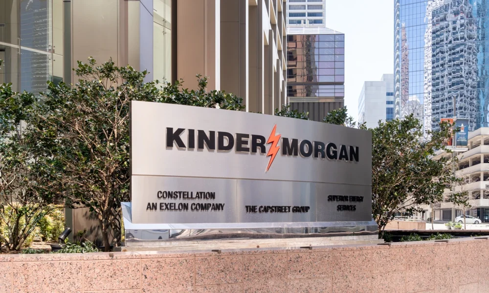 Kinder Morgan sign is shown in Houston, Texas, USA.