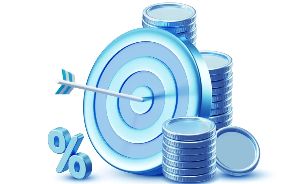 Business Strategy Target with Money Coins Finance Goal and Investment Isolated on White Background