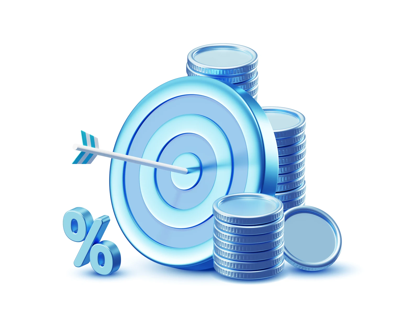 Business Strategy Target with Money Coins Finance Goal and Investment Isolated on White Background