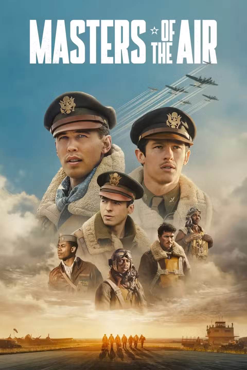 Masters of the Air TV Show Poster showing Austin Butler and Several Air Pilots in World War II Uniforms