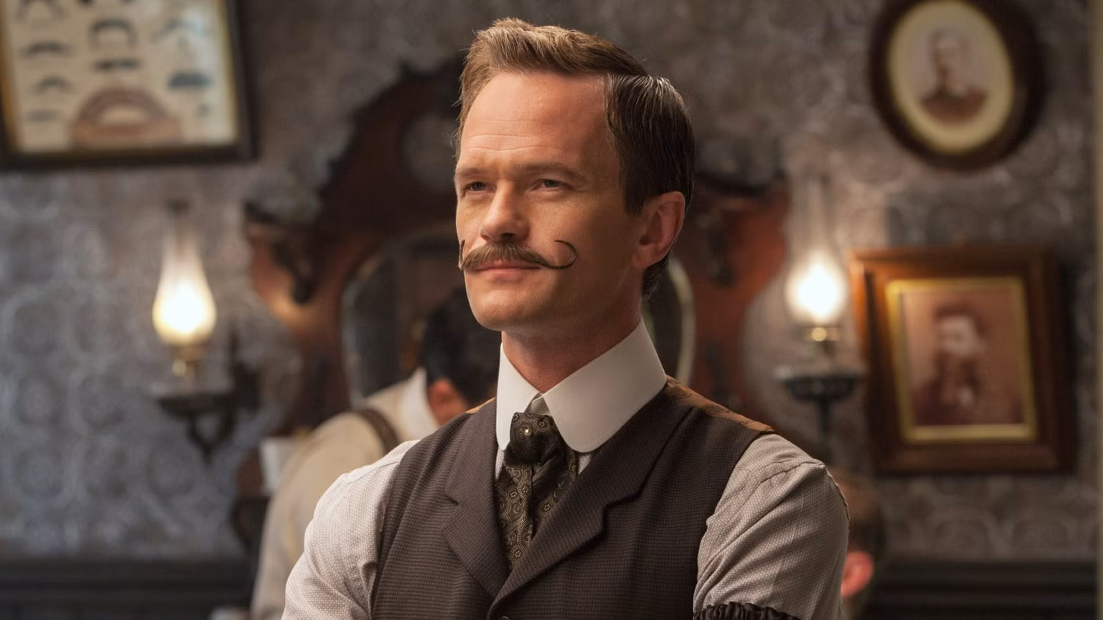 Neil Patrick Harris, with a curled moustache, squints at someone in A Million Ways to Die in the West