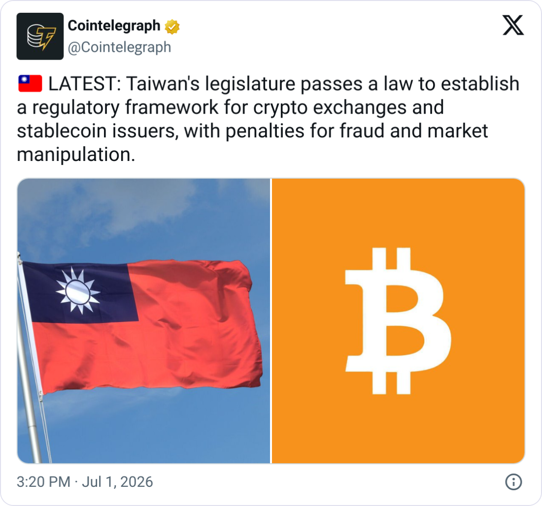 Taiwan Lawmakers Pass First Crypto, Stablecoin Laws