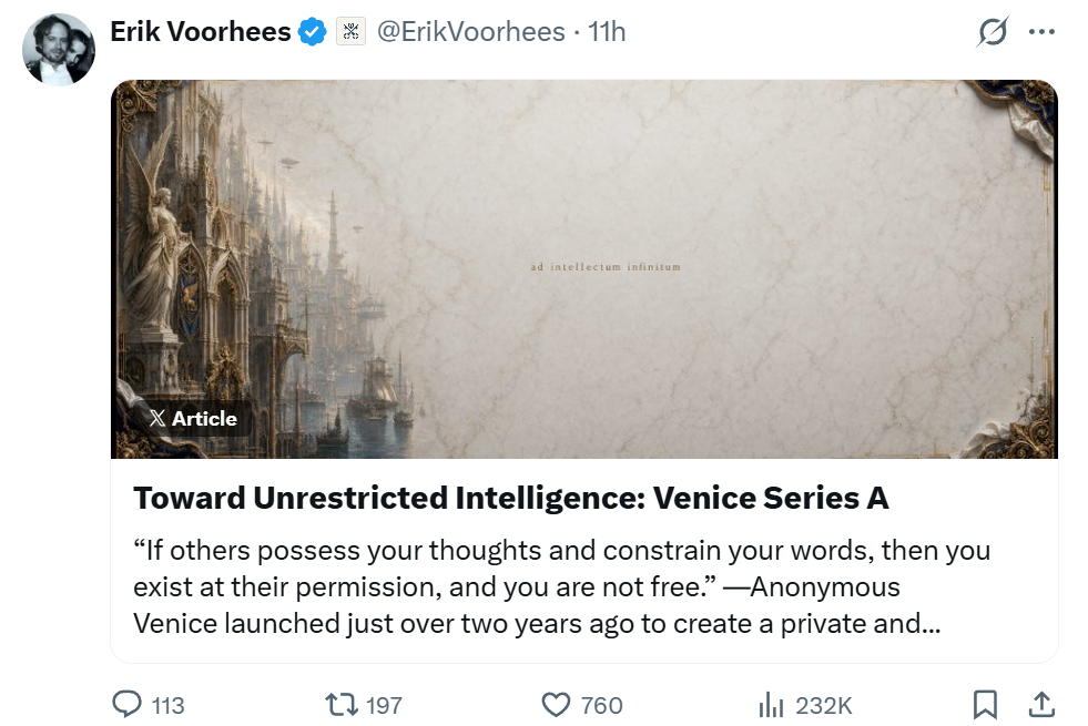 Venice AI Raises $65M Series A at $1B Valuation