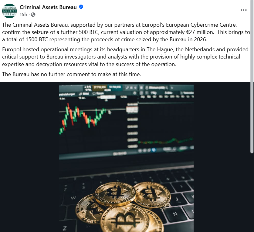 Irish Authorities Seize Another 500 Bitcoin in Criminal Proceeds
