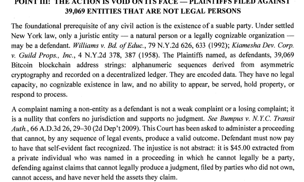 Defendant Files to Dismiss New York Lawsuit Seeking Ownership of 39,069 Bitcoin Wallets
