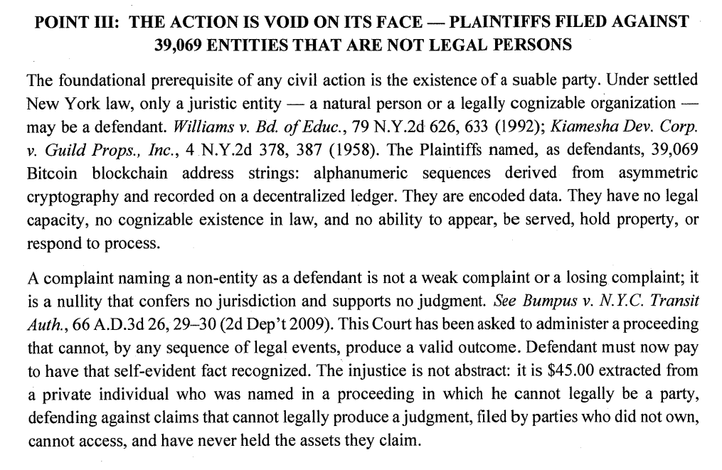 Defendant Files to Dismiss New York Lawsuit Seeking Ownership of 39,069 Bitcoin Wallets