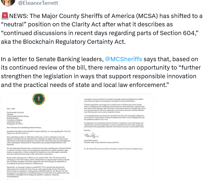 US Law Enforcement Groups No Longer Opposes CLARITY Act