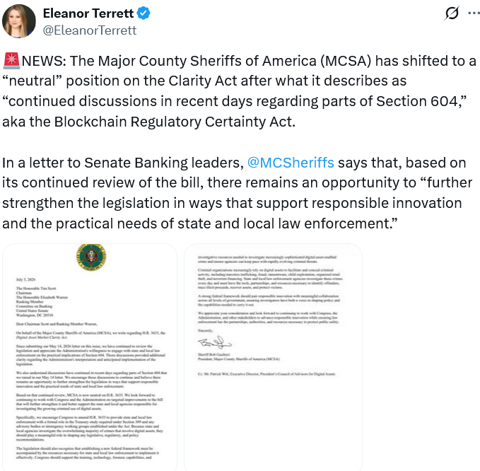 US Law Enforcement Groups No Longer Opposes CLARITY Act