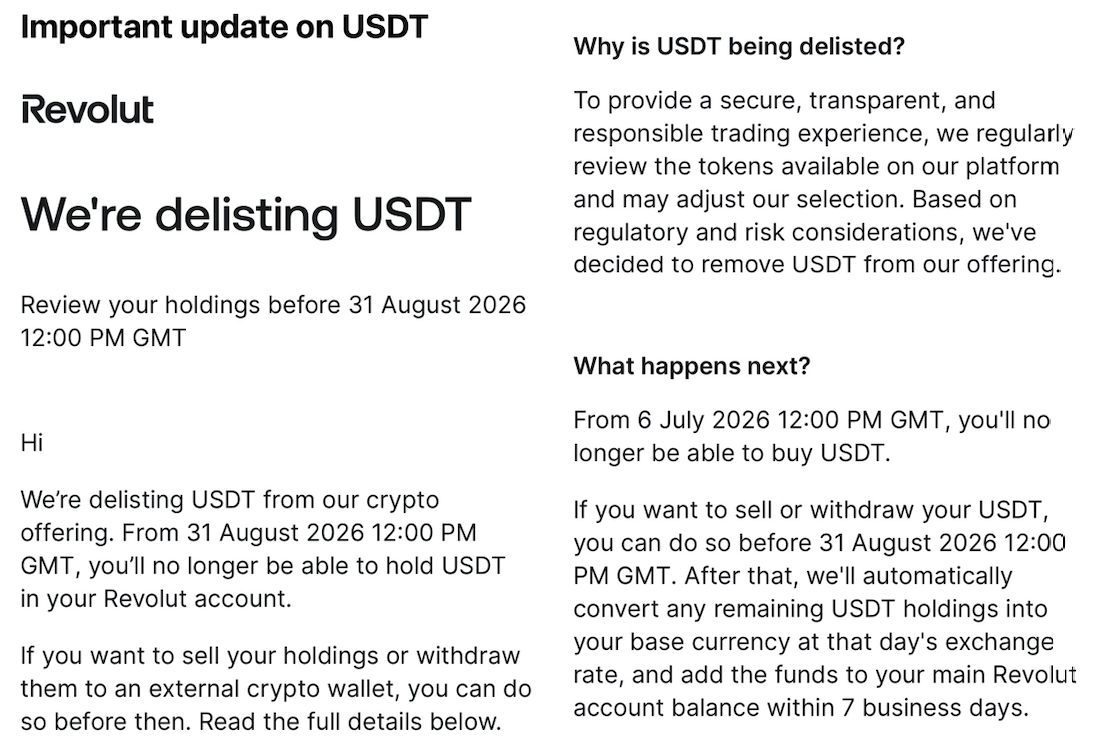 Revolut Notifies Customers of USDT Delisting