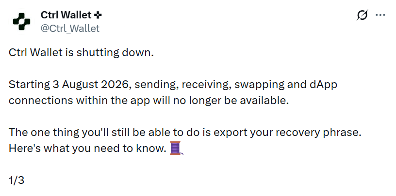 Ctrl Wallet Announces Shutdown Weeks after Security Exploit