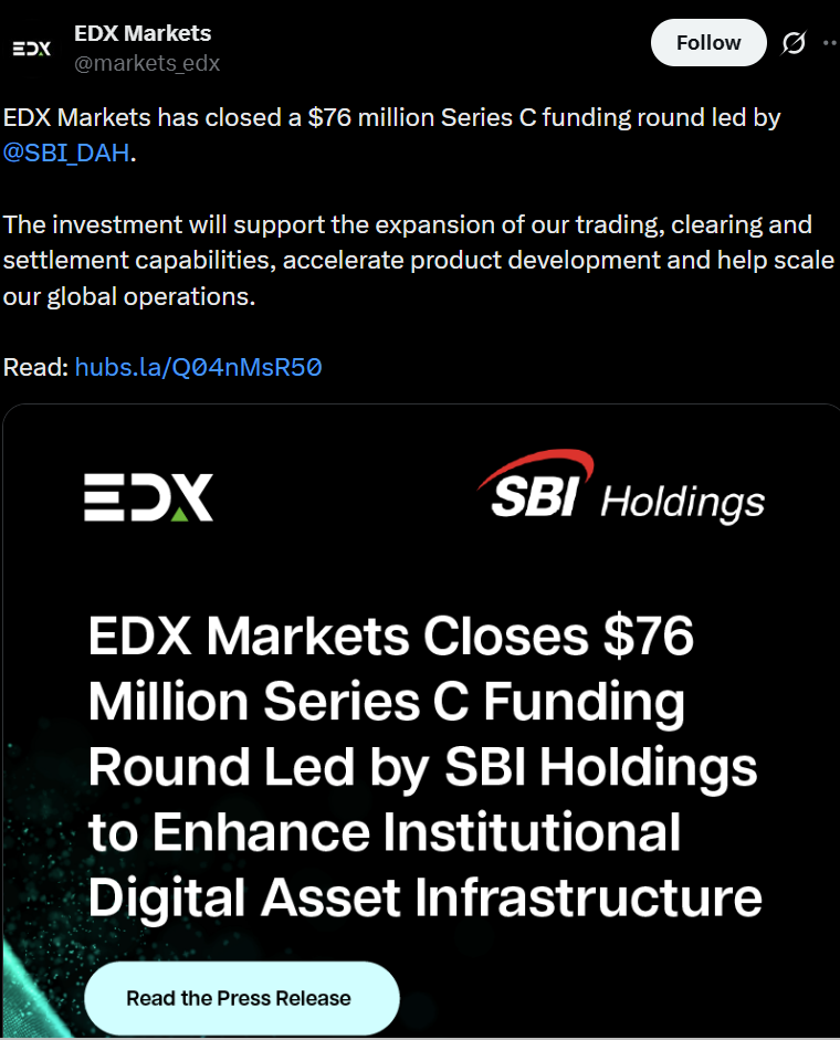 Institutional Crypto Exchange EDX Lands $76M From SBI Holdings