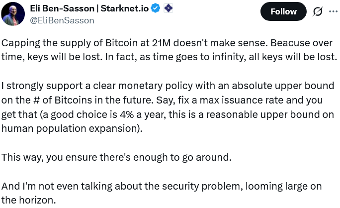 StarkWare CEO Proposed 4% Bitcoin Inflation Model